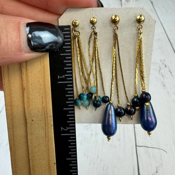VTG Pink/Blue Beaded Dangle Teardrop Multi-strand, Gold Earring Pearl-like - Picture 4 of 9